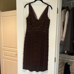 Brown Sequin Embellished V-Neck Cocktail Dress